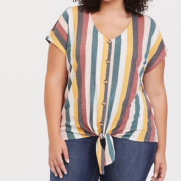 🆕 3X MULTI STRIPE BUTTON TIE-FRONT CROP TEE - Picture 1 of 5